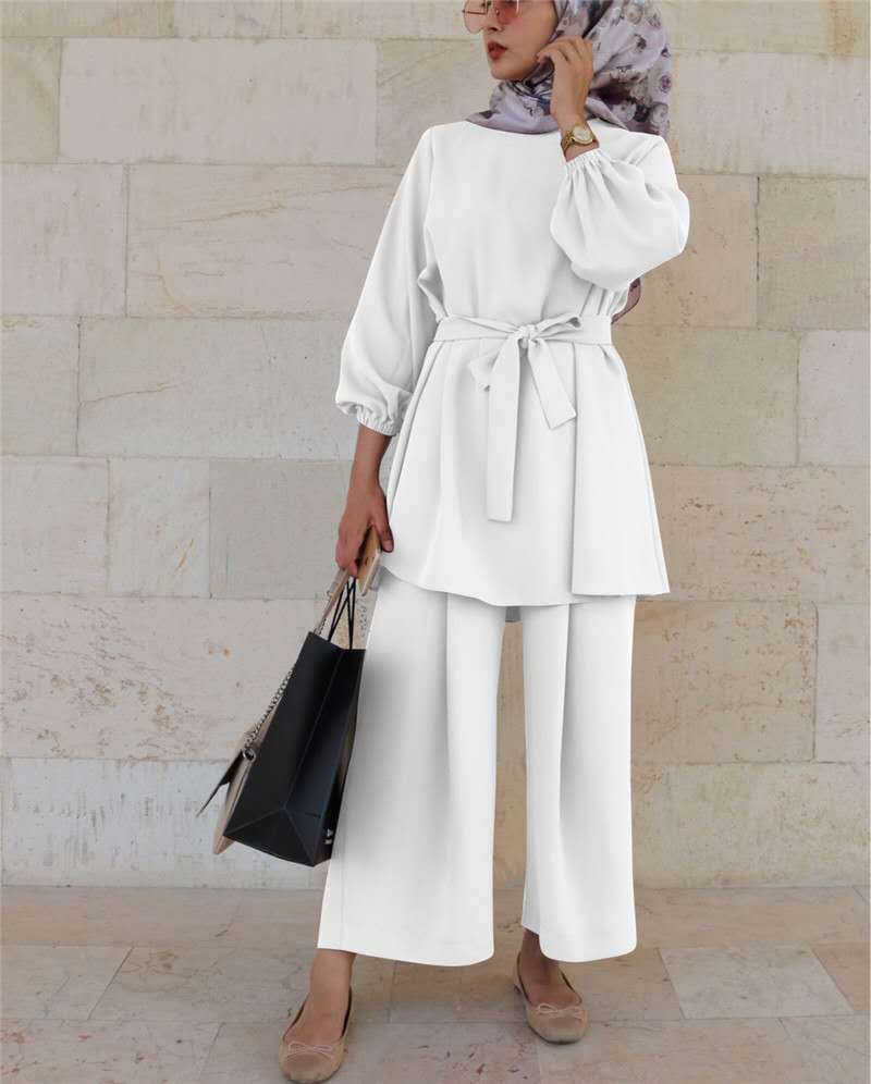 Dubai Muslim Women Long Sleeve Blouse Pants Outfits Two Piece Set Abaya Kaftan