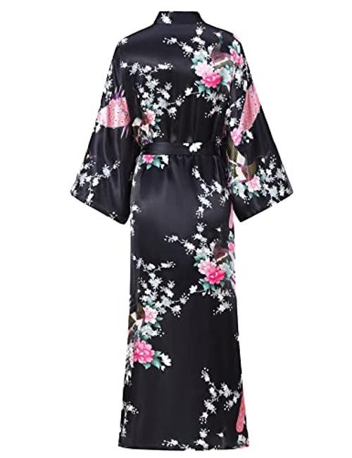 Women’s Floral Long Satin Robes Plus Size XX-Large-3X-Large Peacock | Black