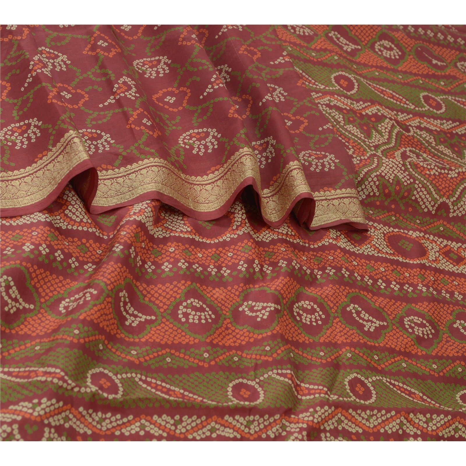 Sanskriti Vintage Sarees Dark Red Bandhani Printed Pure Silk Sari Craft Fabric