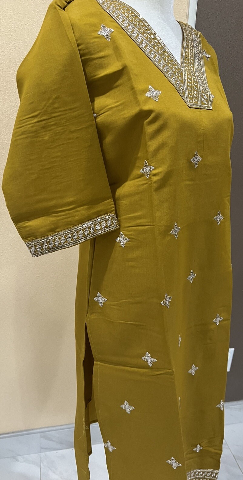 Indian Ethnic Roman Silk Mustard Yellow Embroidered Party wear Kurta Kurti Tunic