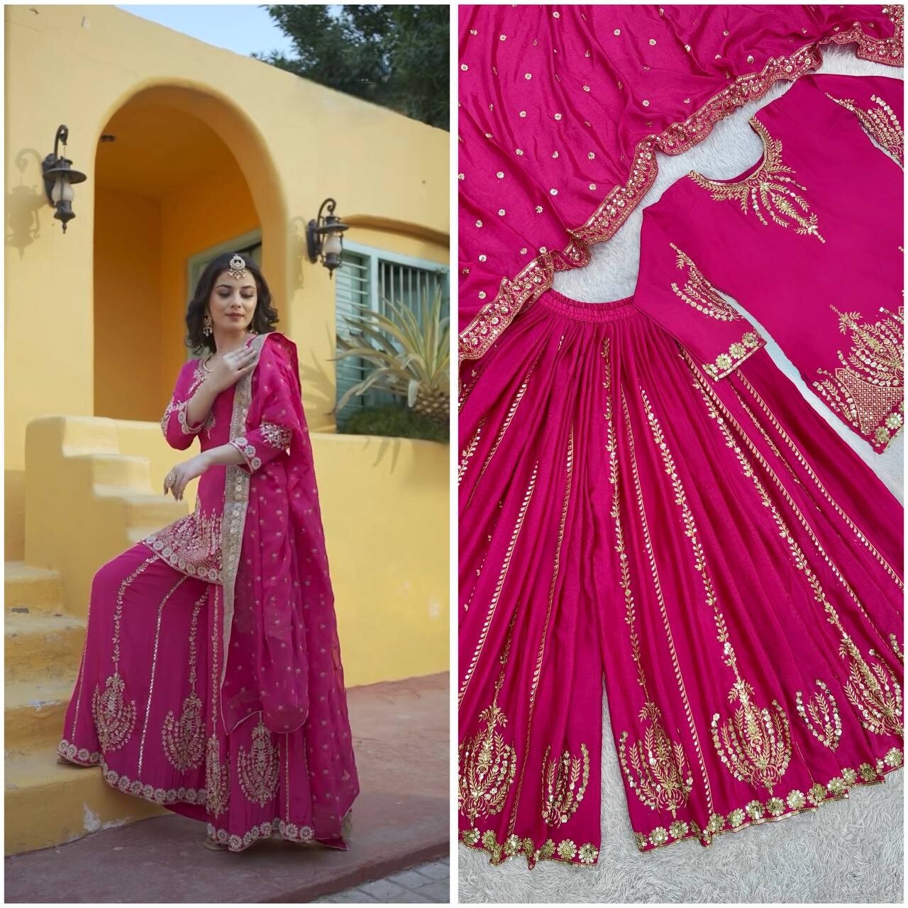 Premium Designer Pink Chinon Silk Kurta Palazzo With Dupatta For Party