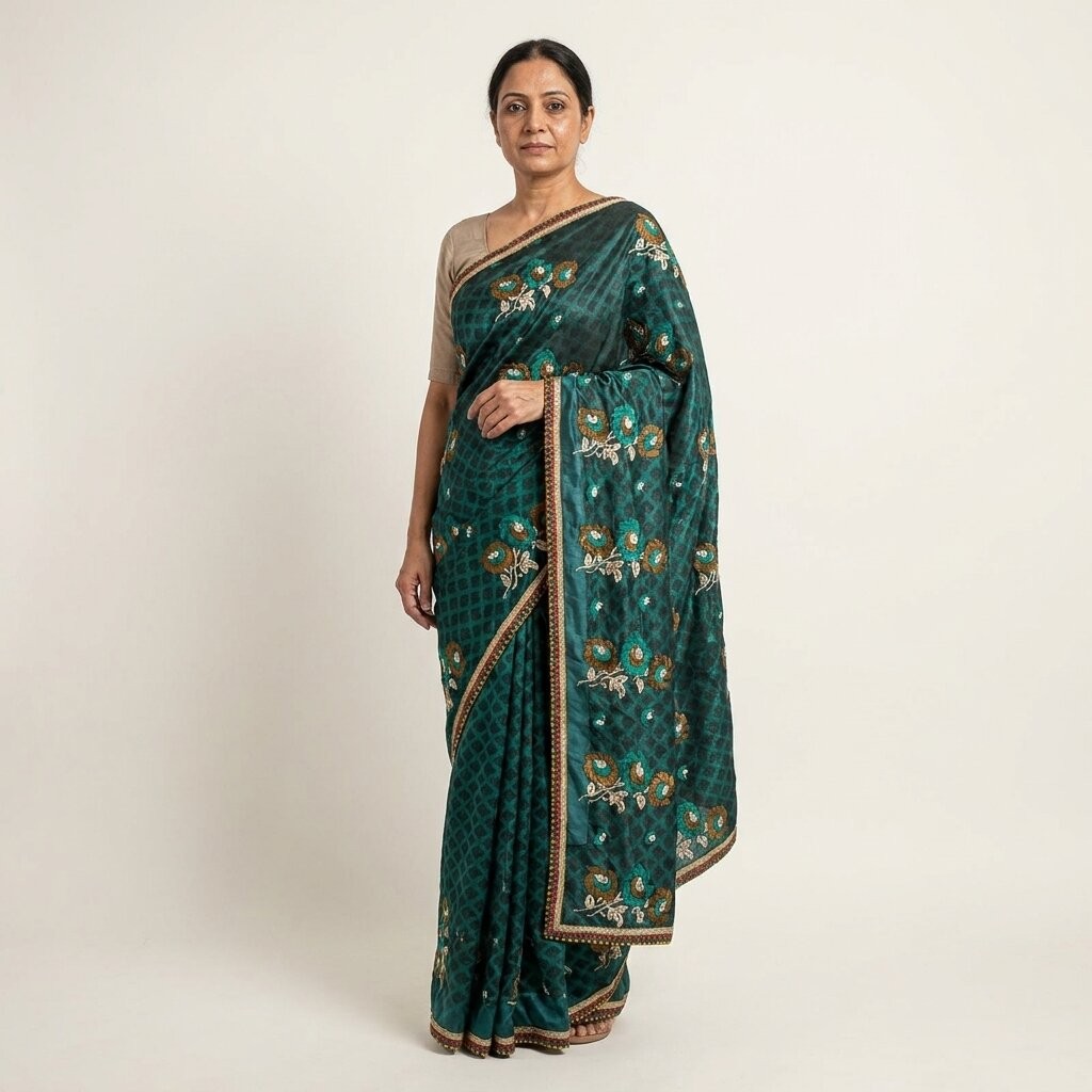 Sanskriti Vintage Saree Green Georgette-Net Embroidered-Print Fabric Sari 6 Yard