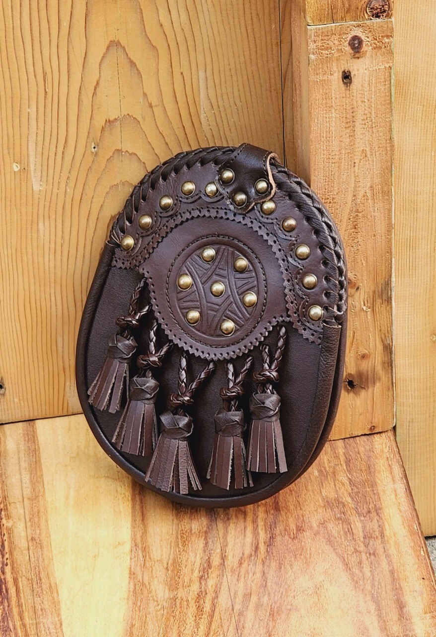Scottish Handmade Antique Studs Brown Leather Day Sporran Five Twisted Tassels