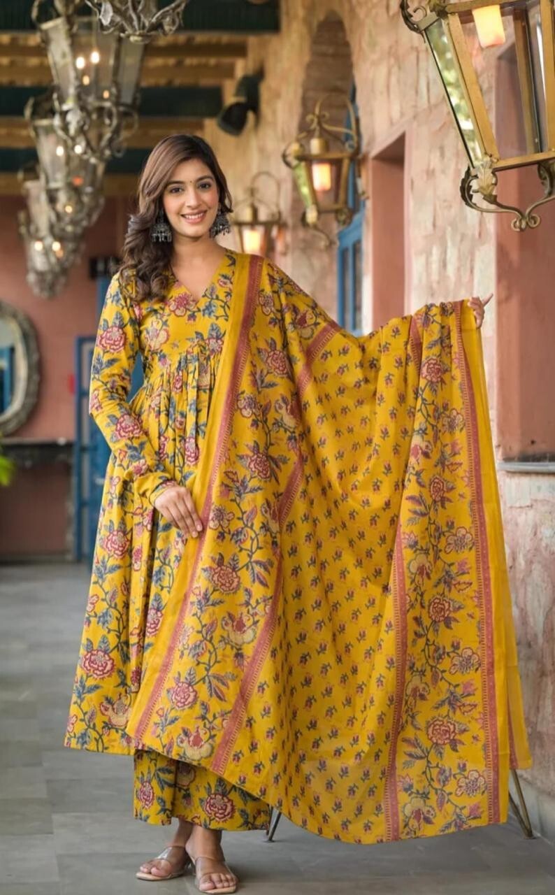 Indian Festival Wear Kurta Palazzo Dupatta Set 3 Piece Combo Fully Stitched Suit