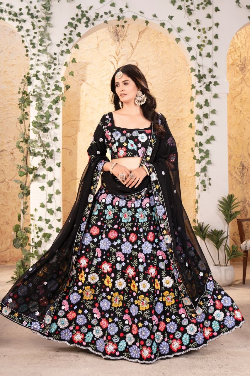 Black Georgette Embrodaried Flower lahenga choli