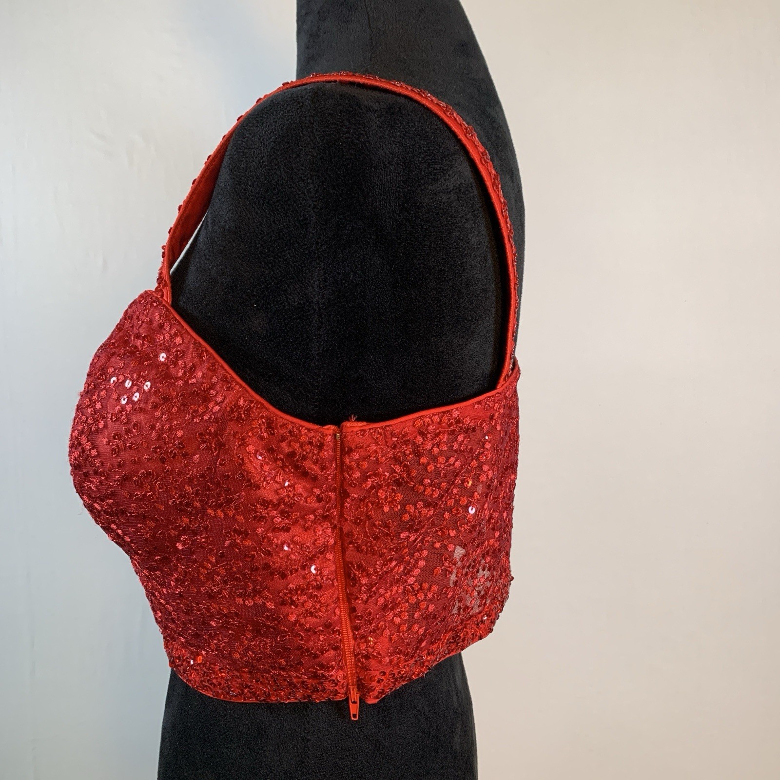 Red Silk Choli Blouse Sheer Back Floral Lace Red & Clear Sequins 15″ Band NWOT