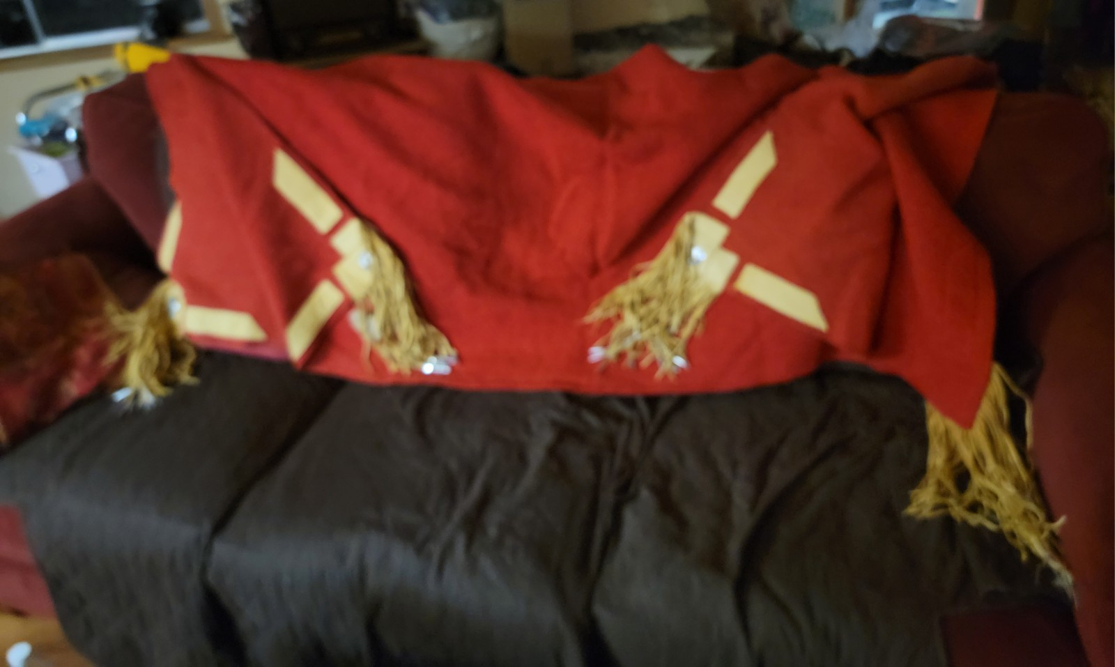 100% Red Wool Blanket Robe With Leather Trim & Concho