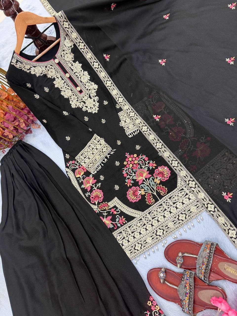 Stunning Look Black Star Georgette Kurta Palazzo With Dupatta For Women