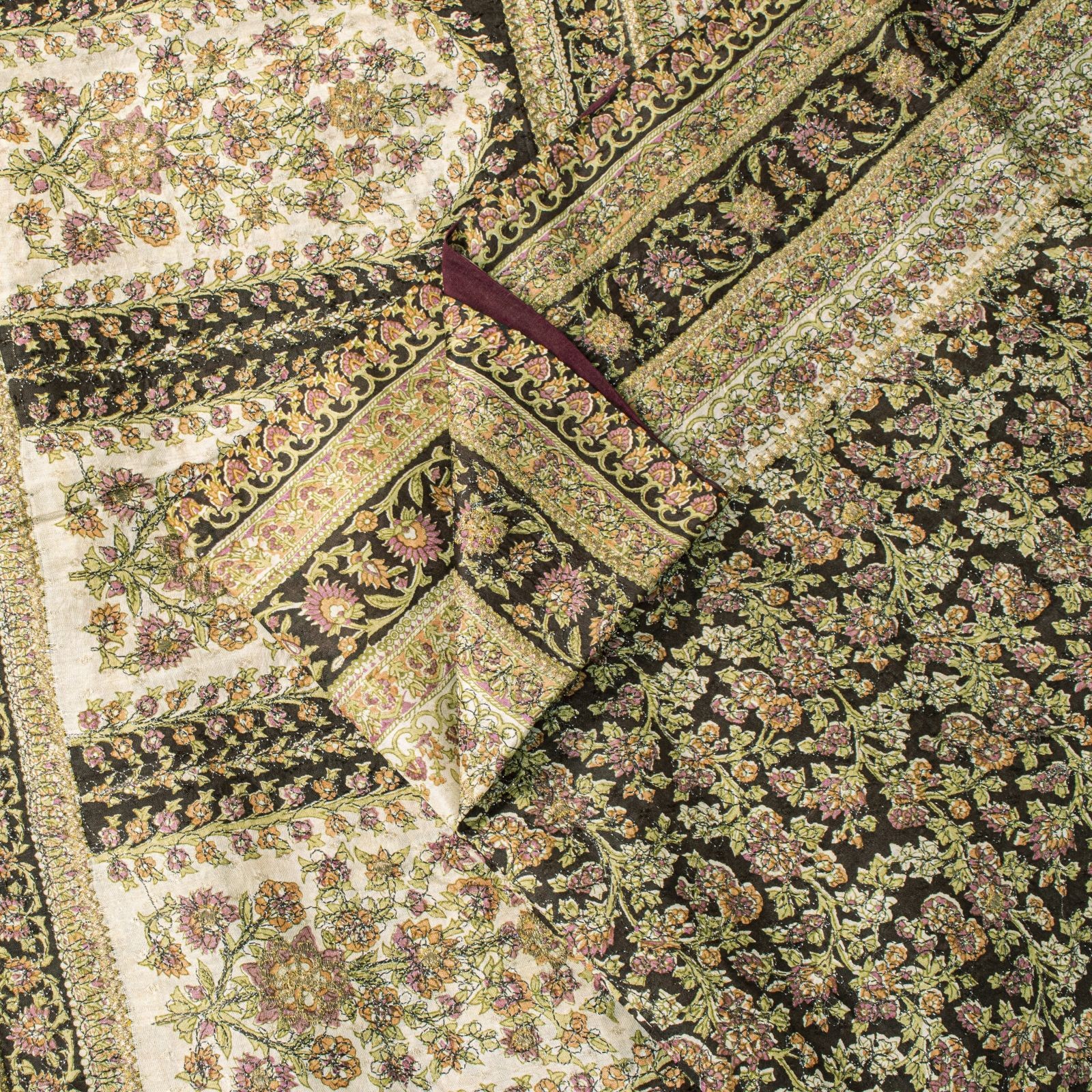 Sanskriti Vintage Brown Saree Pure Silk Kantha Embroidered Floral Print Sari 5Yd