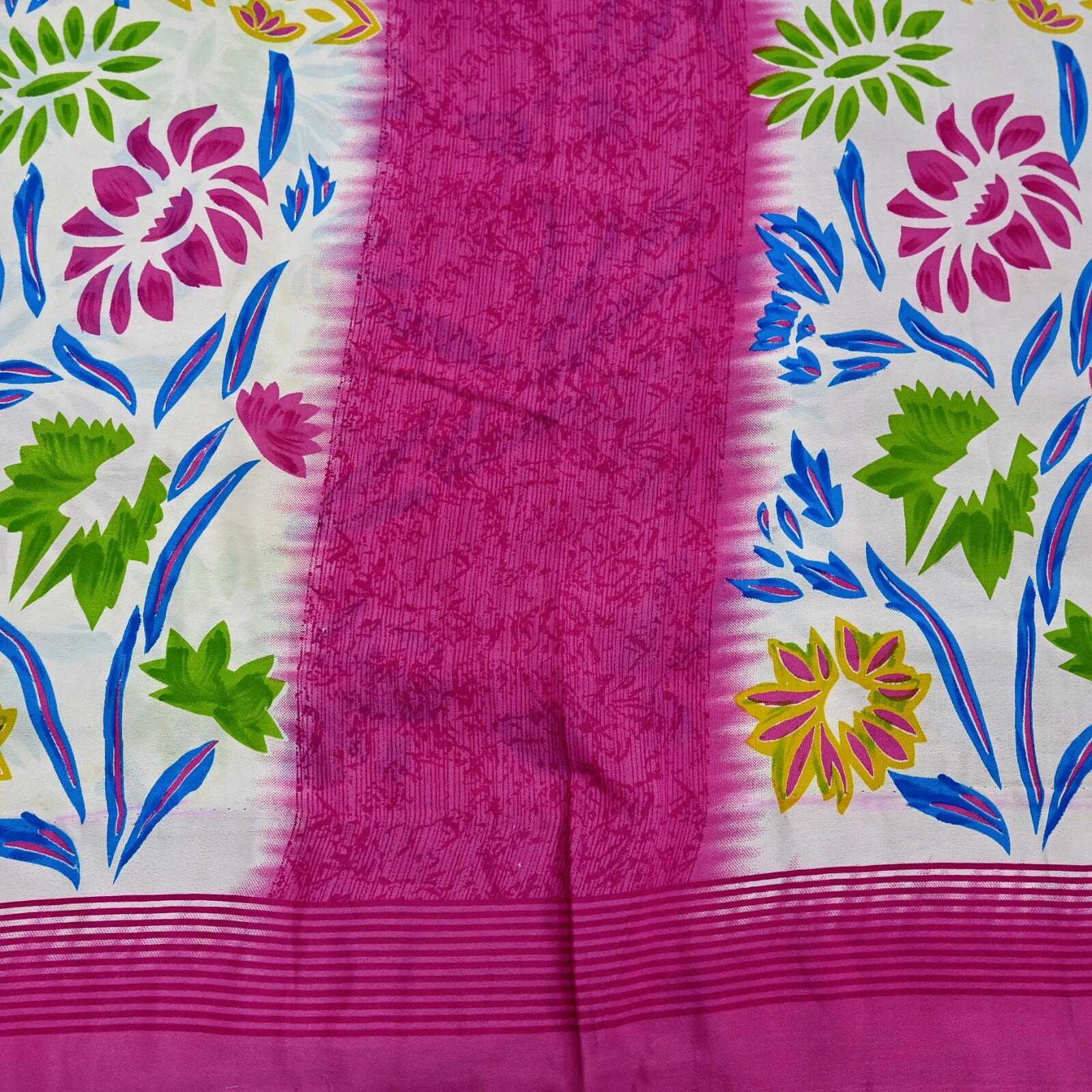 Vintage Sari Ivory & Pink Moss Crepe Printed Sarees 5yd Craft Fabric Sewing Soft