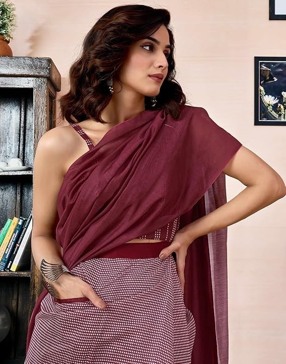 Women’s Chanderi Cotton Printed Ready To Wear with Pocket Saree with Blouse