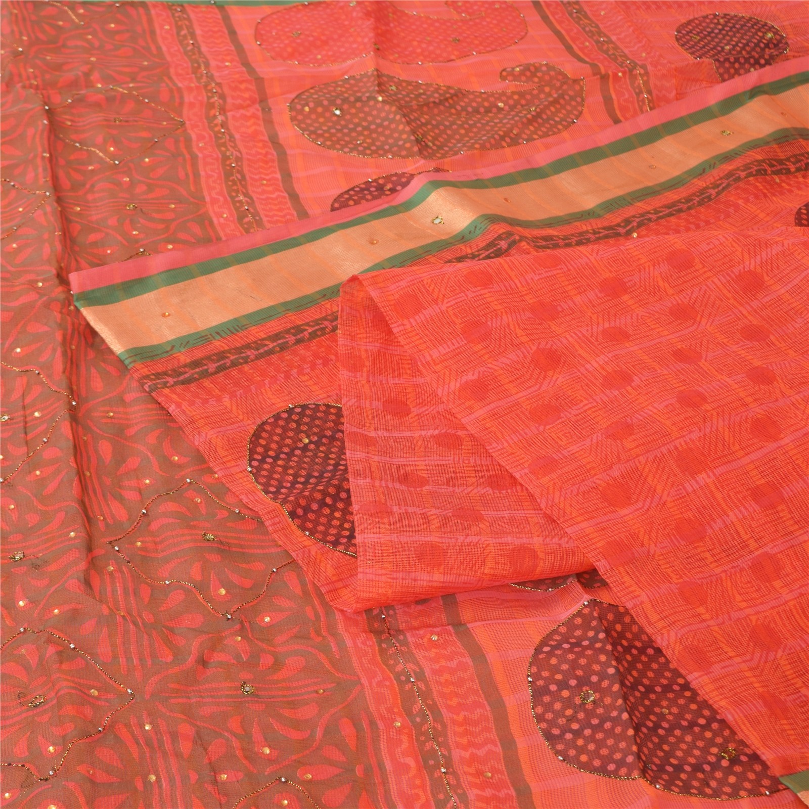 Sanskriti Vintage Coral Sarees Art Silk Hand Beaded Block Kota Doria Sari Fabric