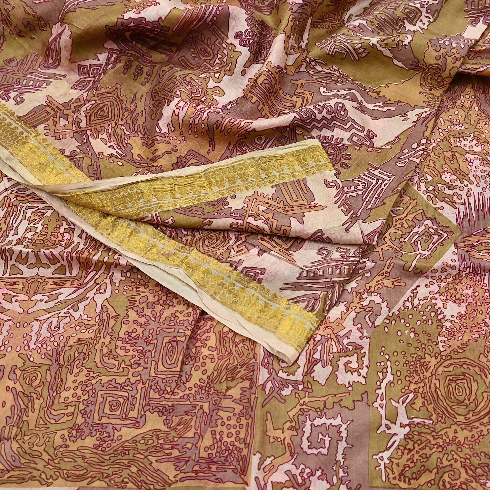 Vintage Green, Beige Pure Silk Saree Indian Printed Silk Fabric 5 Yard Boho Zari