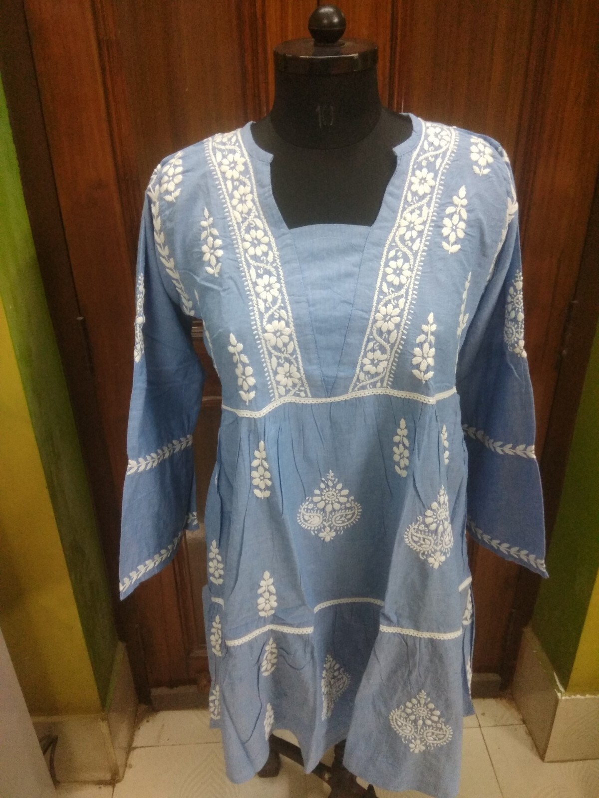 M 41″ L 42″ ETHNIC DENIM 100% COTTON TOP HANDMADE CHIKAN EMBROIDERY KURTA KURTI
