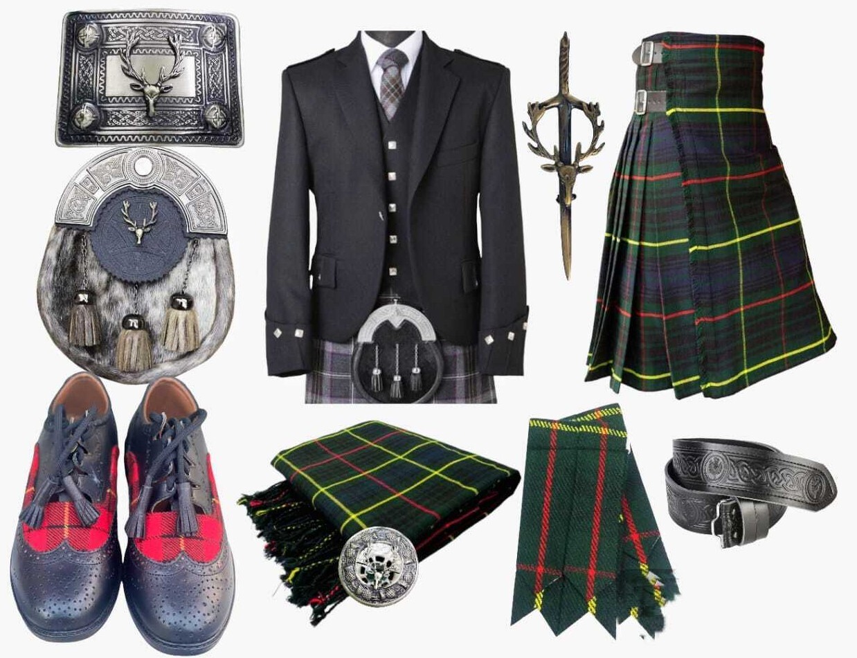 Scottish Kilt outfit: 13 Pcs Tartan Shoes, Argyle Jacket Wedding Wool Kilt Set