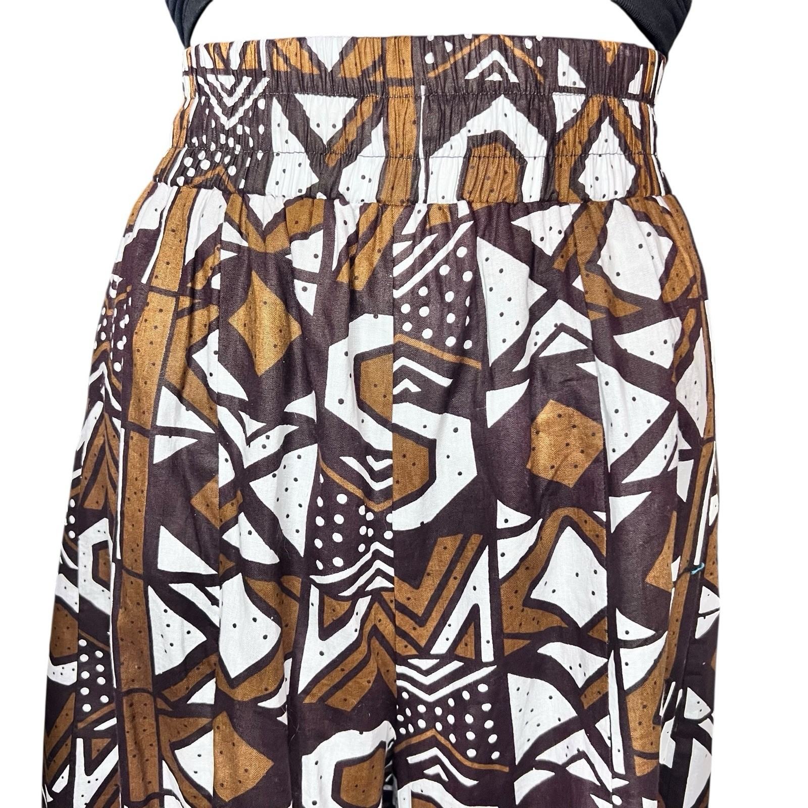 African Print Brown & White Tribal Mud Cloth Print Women Bell Gaucho Pants