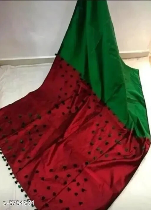 Women’s Nylon silk cotton pompom Solid Saree with Running Blouse Piece