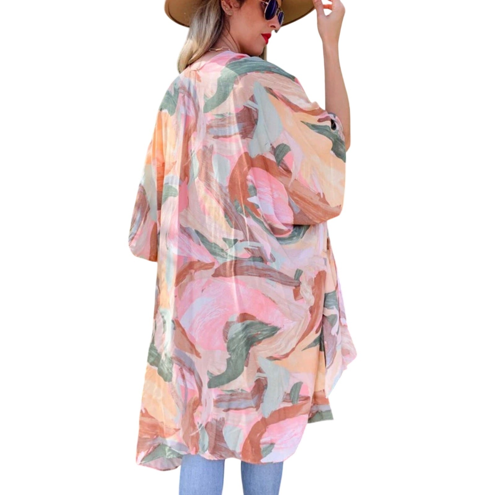 Pink Multi Printed Open Front Kimono Cardigan Cover Up One Size Fits