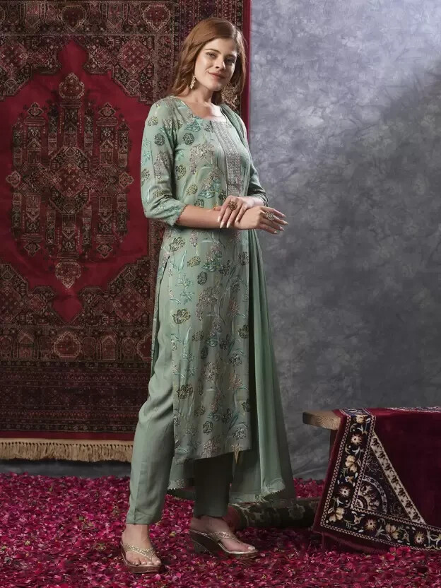 Women Designer Cotton Rayon Kurta Set Indian Bollywood Top Tunic Kurti Pant Set