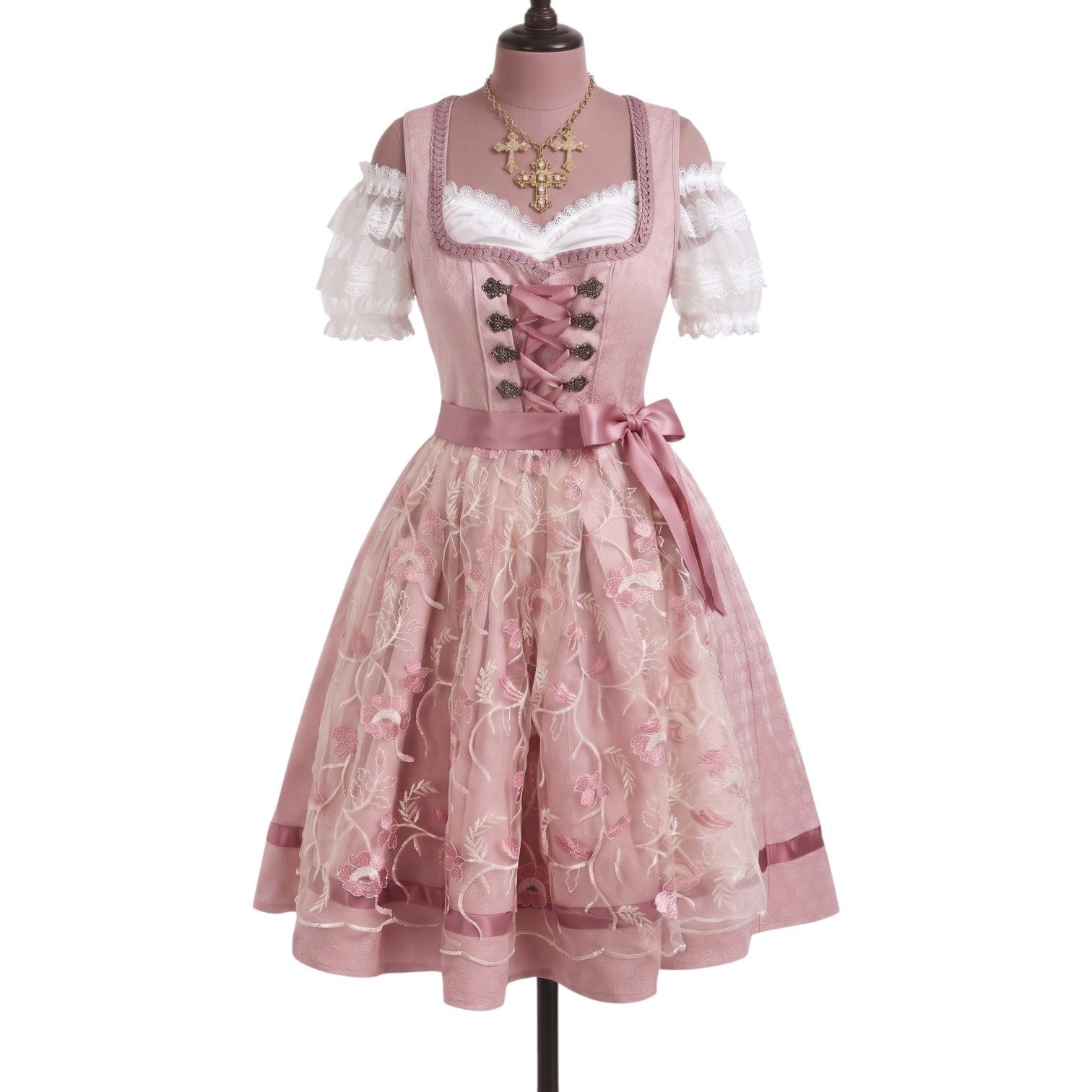 New L Pink Mauve Lace Oktoberfest Dirndl Traditional German Austrian Dress