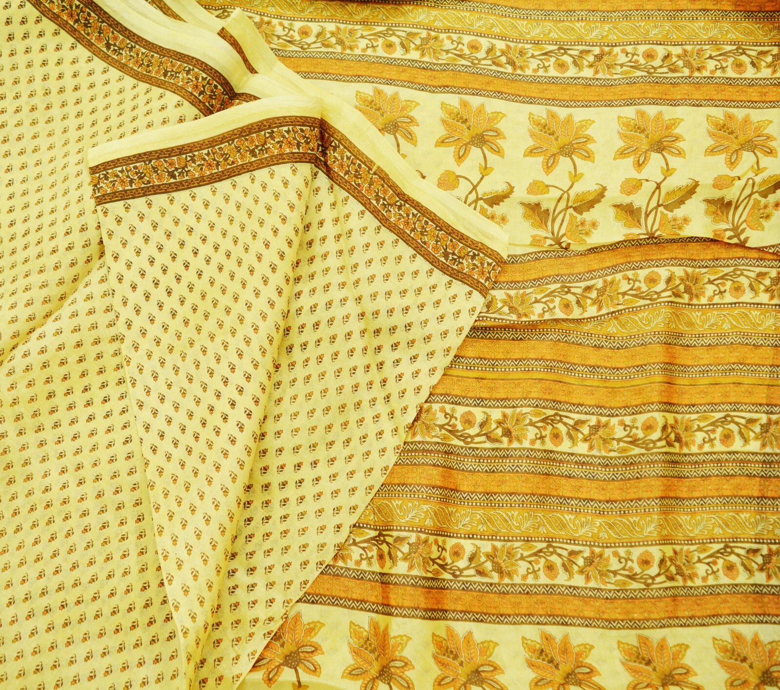 Indian Vintage Sari Beige Pure Silk Printed Sarees 5yd Sewing Craft Fabric Soft