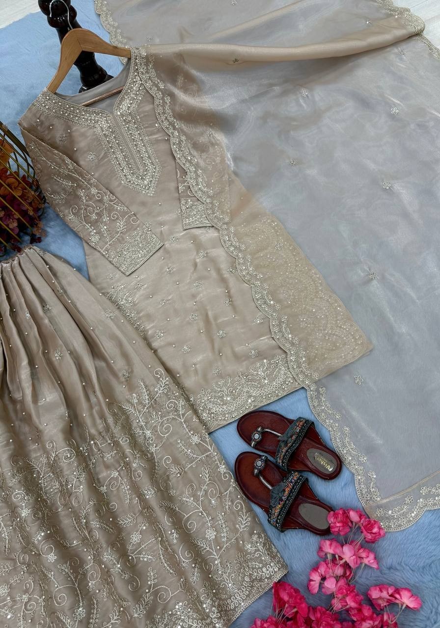 Latest Natural Crap Silk Chiku Salwar Kameez With Dupatta For Traditional Wear