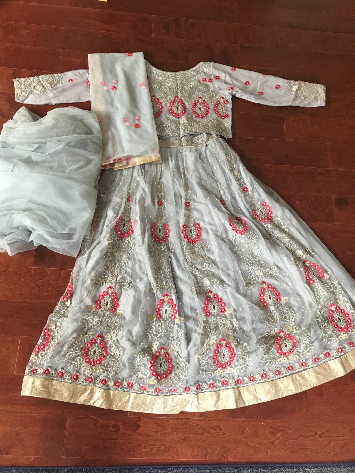 4 Piece Gray and Red Indian Lehenga. Wedding Lehenga. Party Lehenga. Pakistani