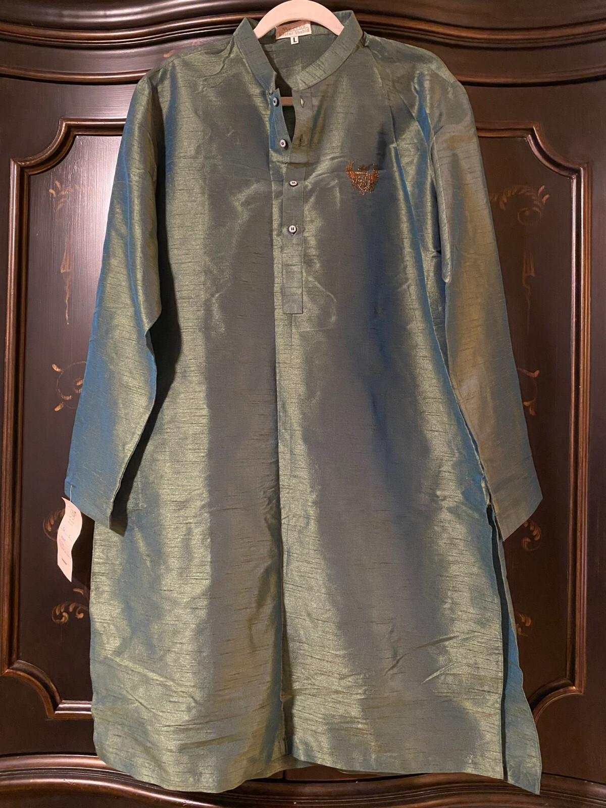 $175 Nilofer Shahid Kurta Silk Pajama | Blue Green | Large