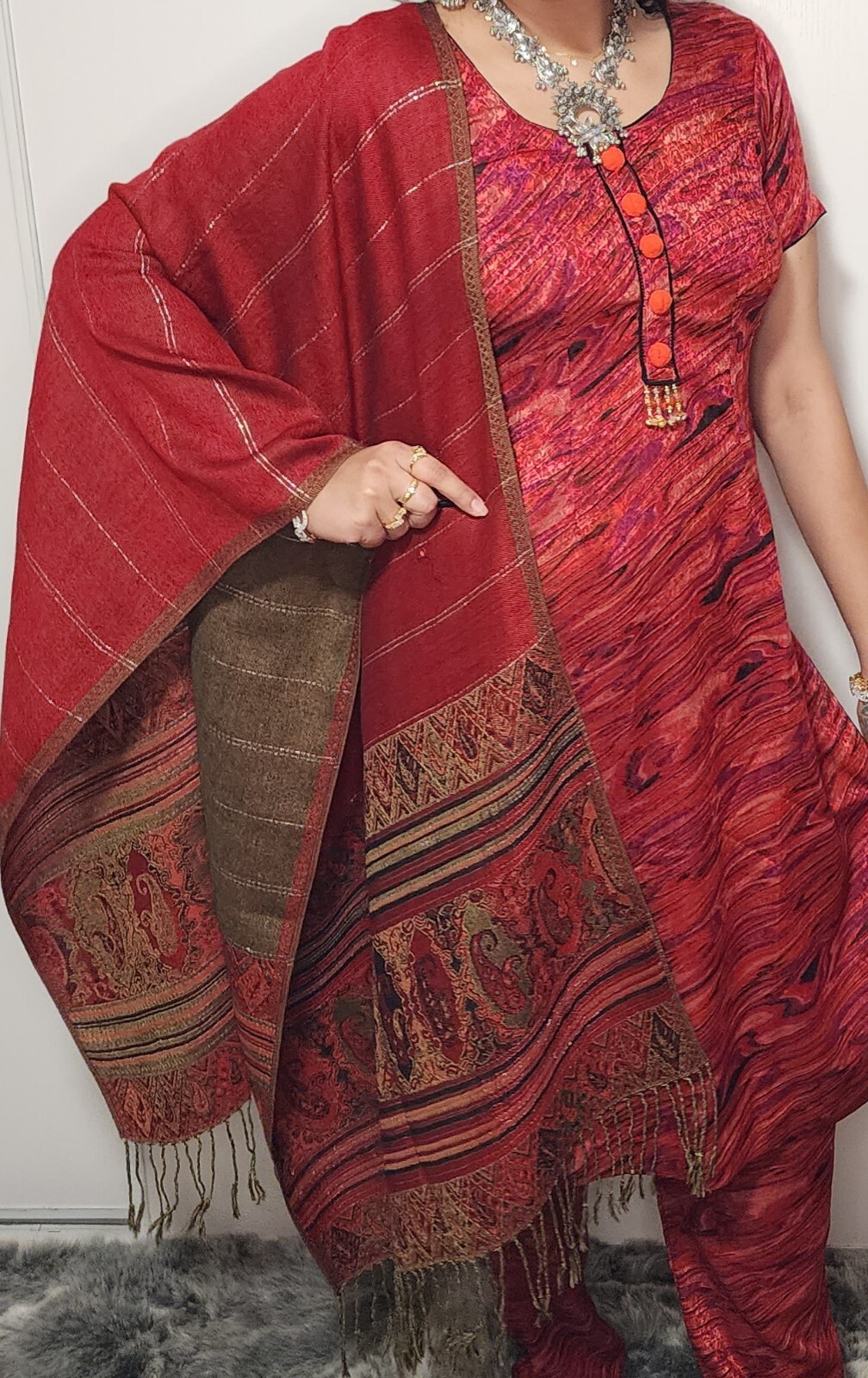 XL 42 Readymade stitched Wool Blend bollywood Trouser Pant Kameez Dupatta Red