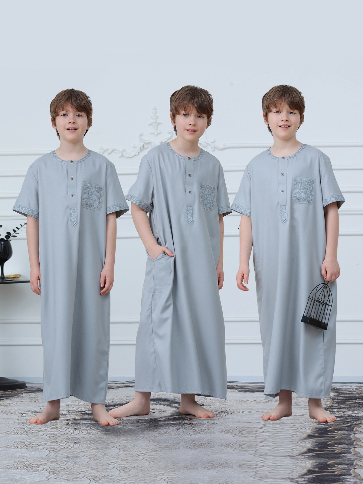Muslim Boys Short Sleeve Jubba Thobe Embroidered Dress Islamic Abaya Robe Dubai