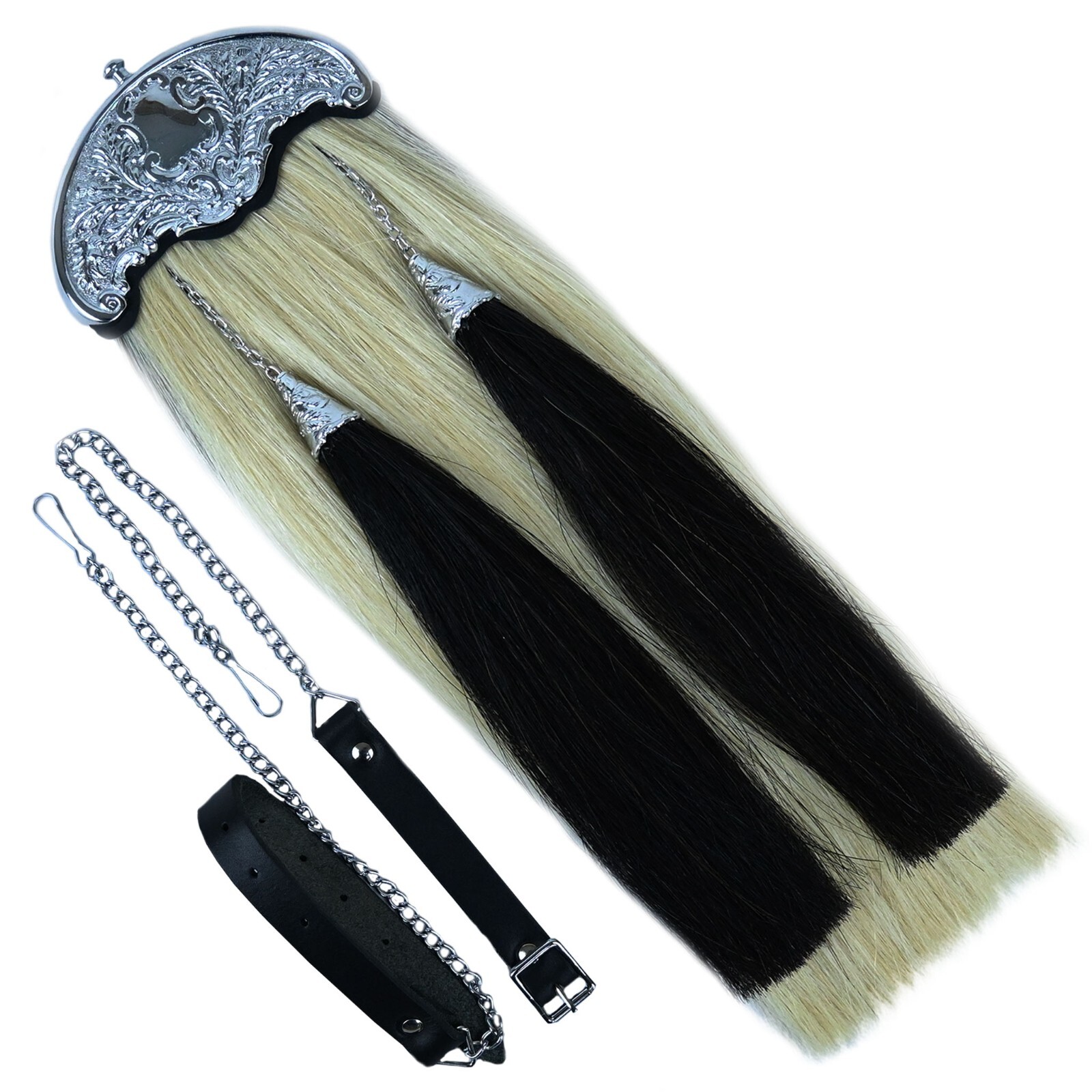 Traditional Real Horse Hair Sporran White with Black Tassels Highlander Sporran