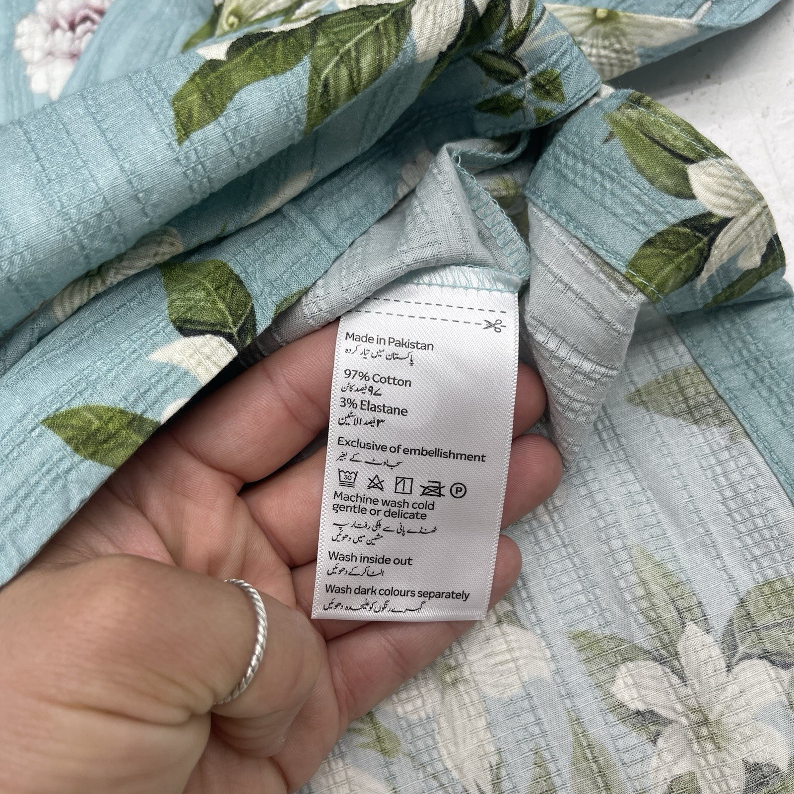 Khaadi Blue Floral Ripple Waves Printed V Neck Kurta Women’s Size 14 New $50