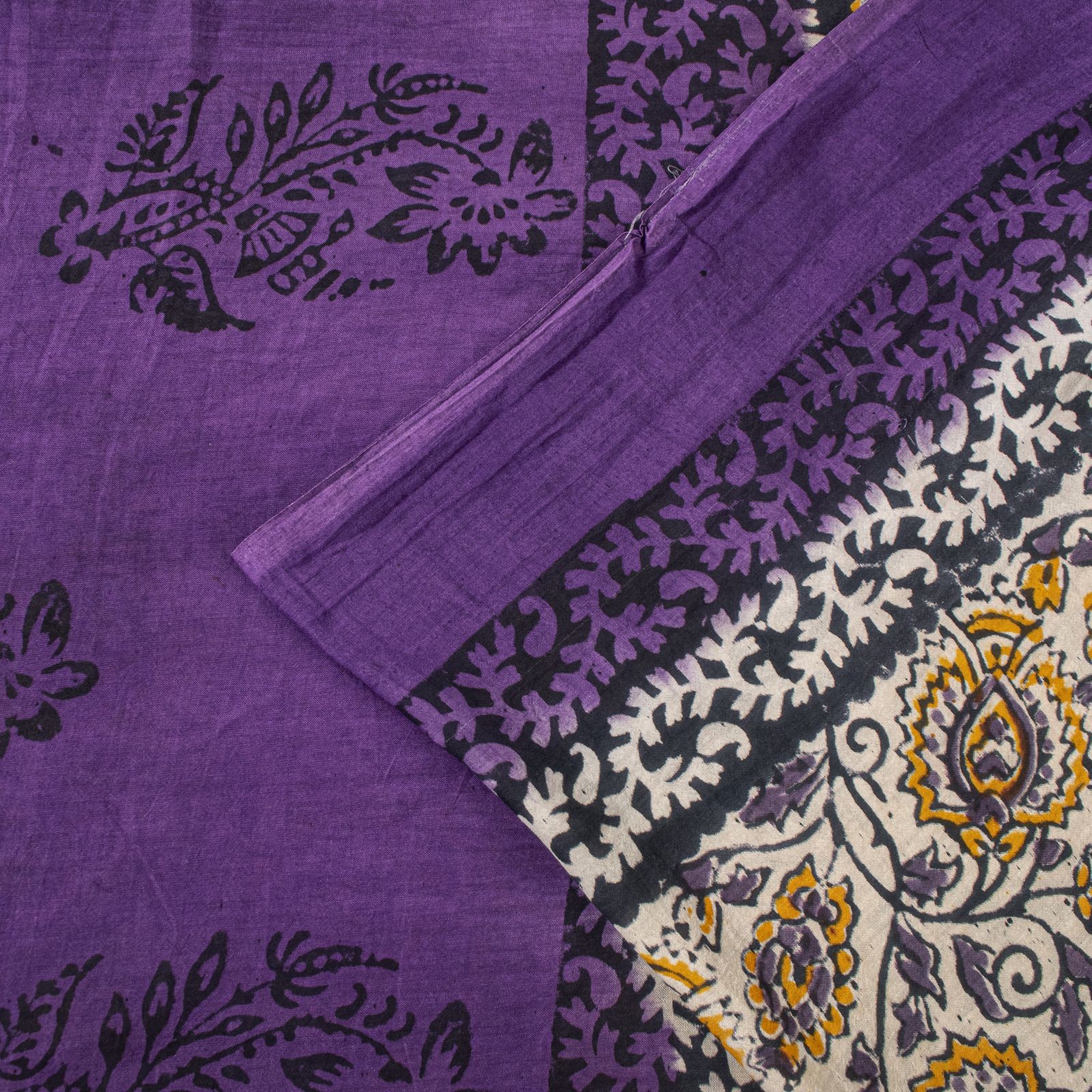 Sanskriti Vintage Saree Violet Pure Cotton Kalamkari Hand Block Print Sari 5.5Yd