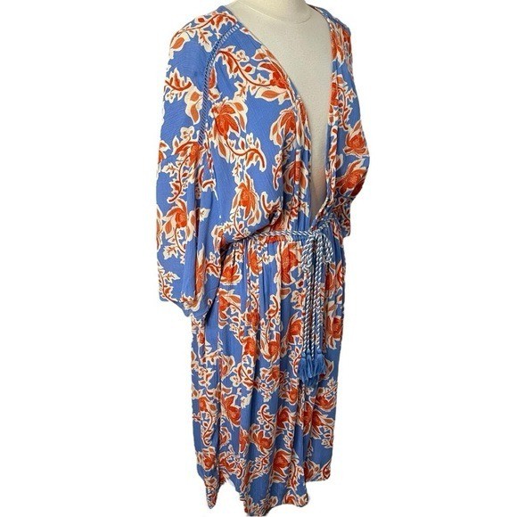 NWT JESSICA SIMPSON Laila Floral Longline Kimono Rope Tassel Cinched Waist, 1X