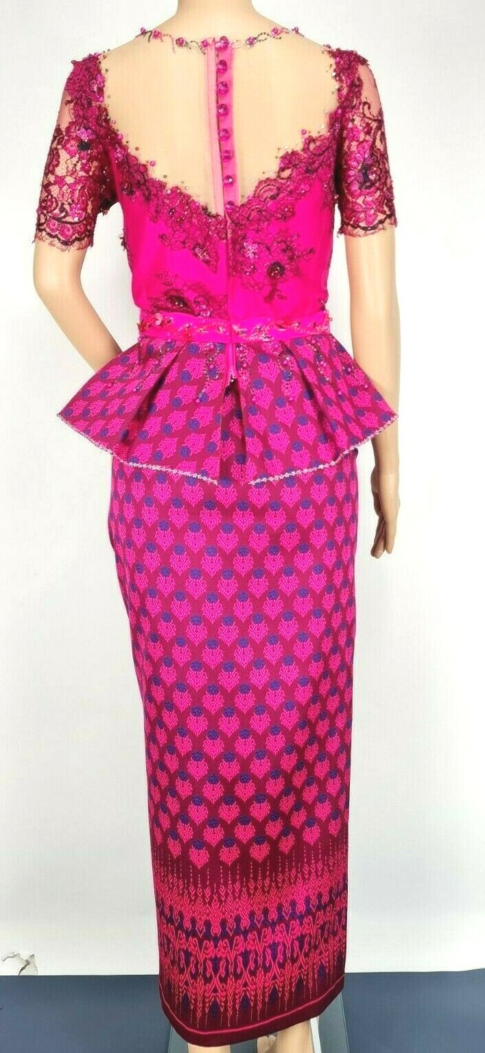 Cambodia Khmer Traditional Out fit Women Sz L Deep Pink Lace Korean Silk Skirt