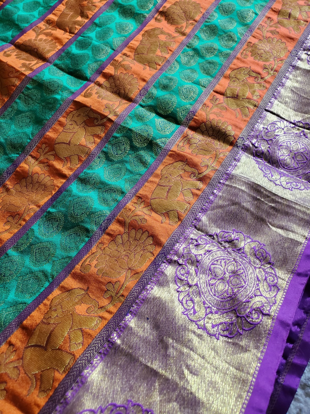 Authentic Pure Silk Dharmavaram Pure Silk Saree Horizontal Panels Green Orange