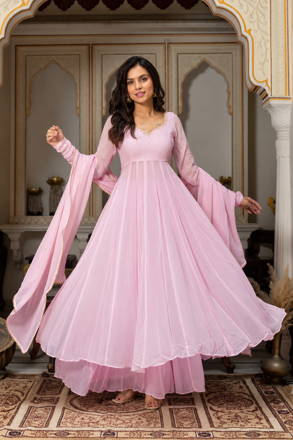 Pink Anarkali Salwar Kameez Set Faux Georgette Party Wedding Dupatta