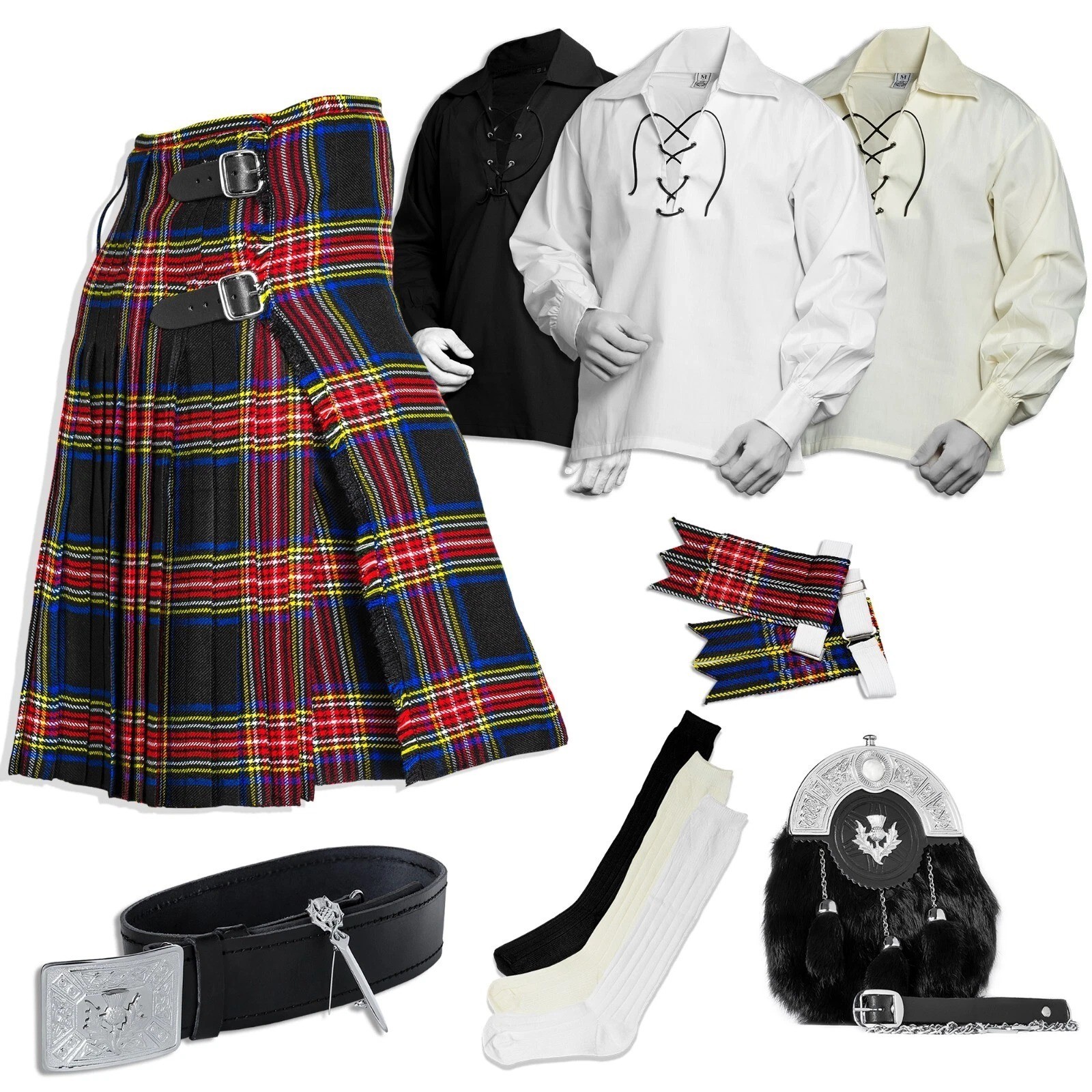 Men’s Scottish Black Stewart 8 Pieces Highland Outfit 8 Yard Complete Kilt Set