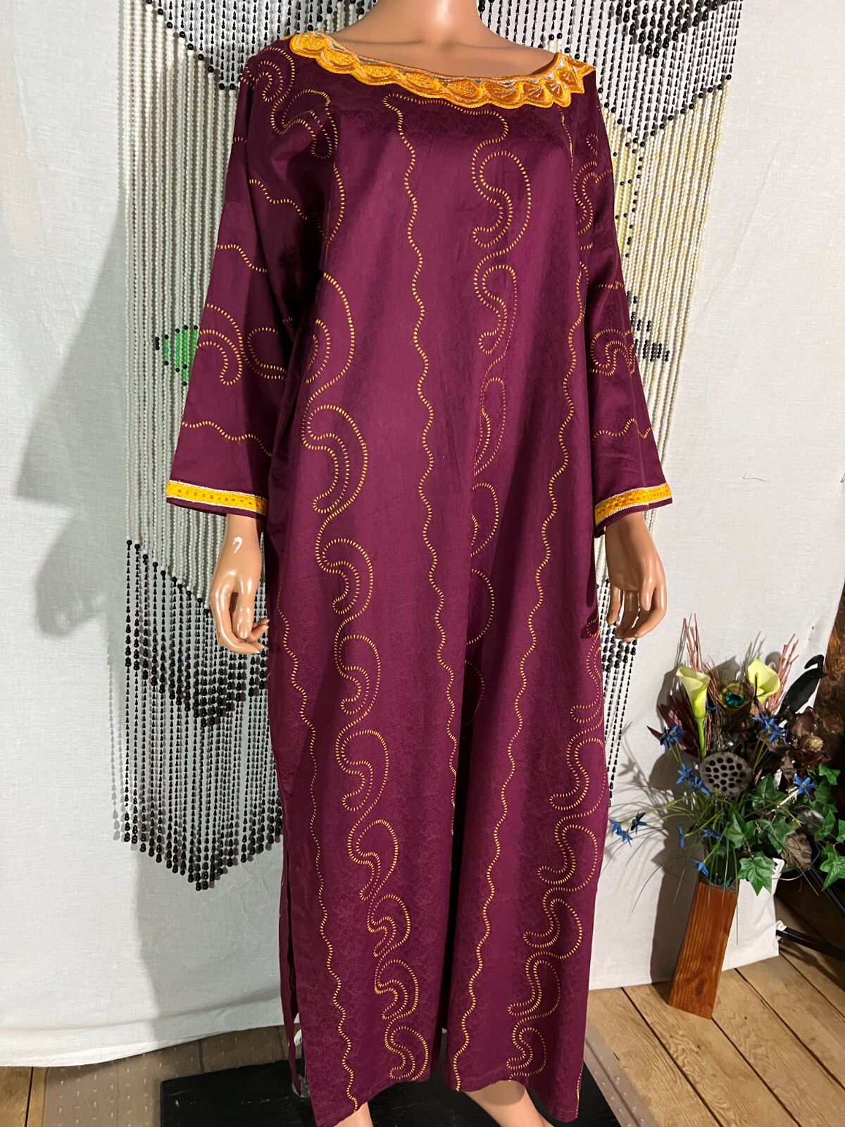 Unisex Men Women Kaftan Long Robe Gnana Africa Burgundy Embroidery Free Chest 56