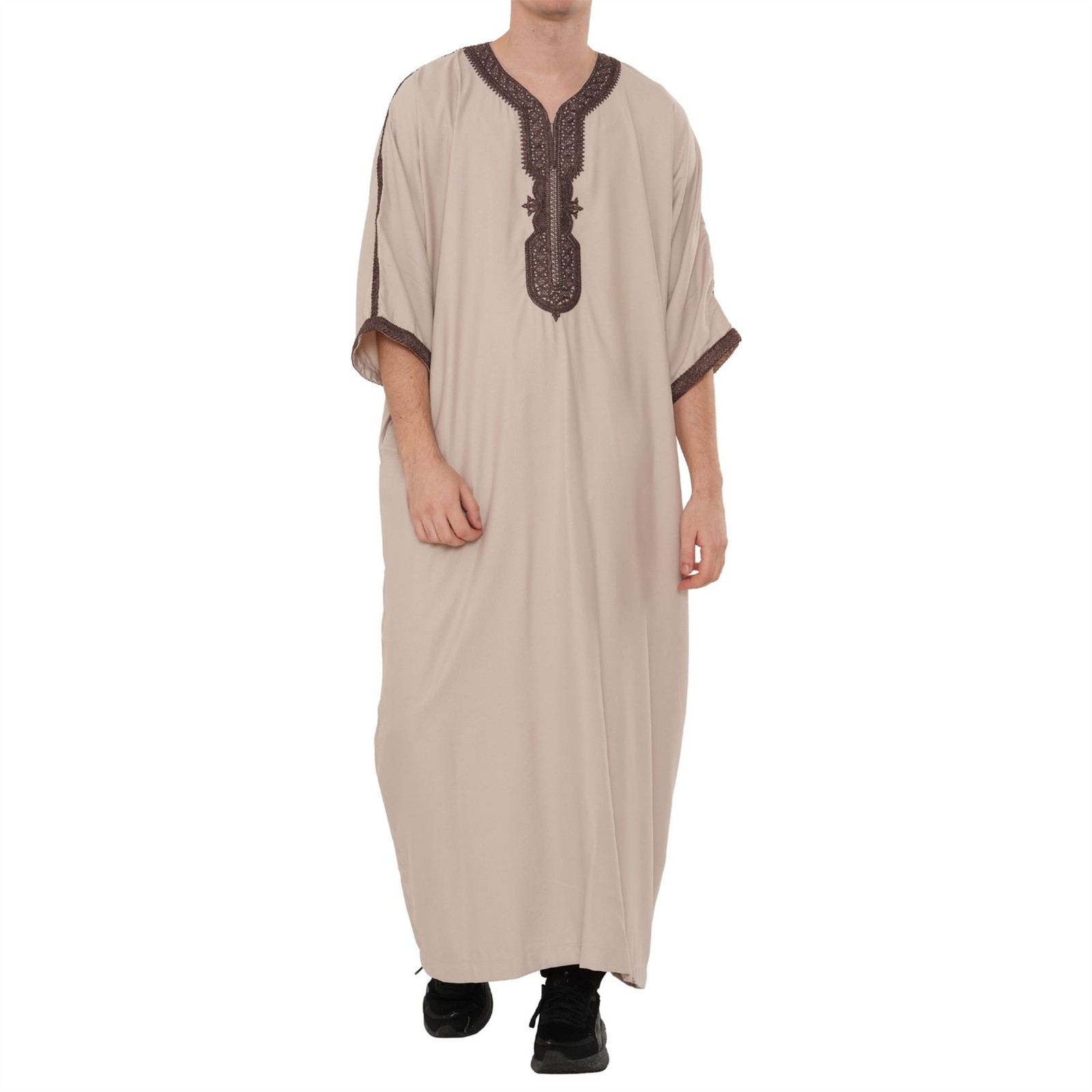 Men’s Salmon Moroccan Thobe Short Sleeve Maroon Embroidery Eid Ramadan