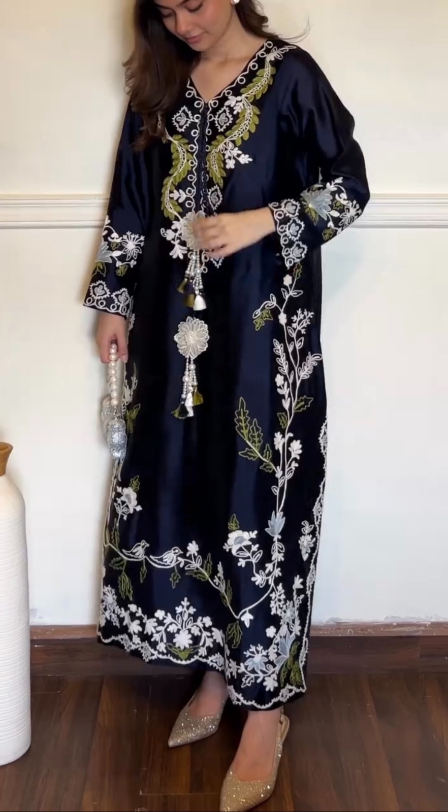 Designer Pure Satin Rayon Long Kaftan with Bottom and Shaded Chiffon Georgette