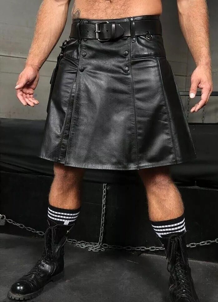 Men’s Real Leather Pleated Kilt/LARP with Cargo Pockets Scottish Utility Kilt