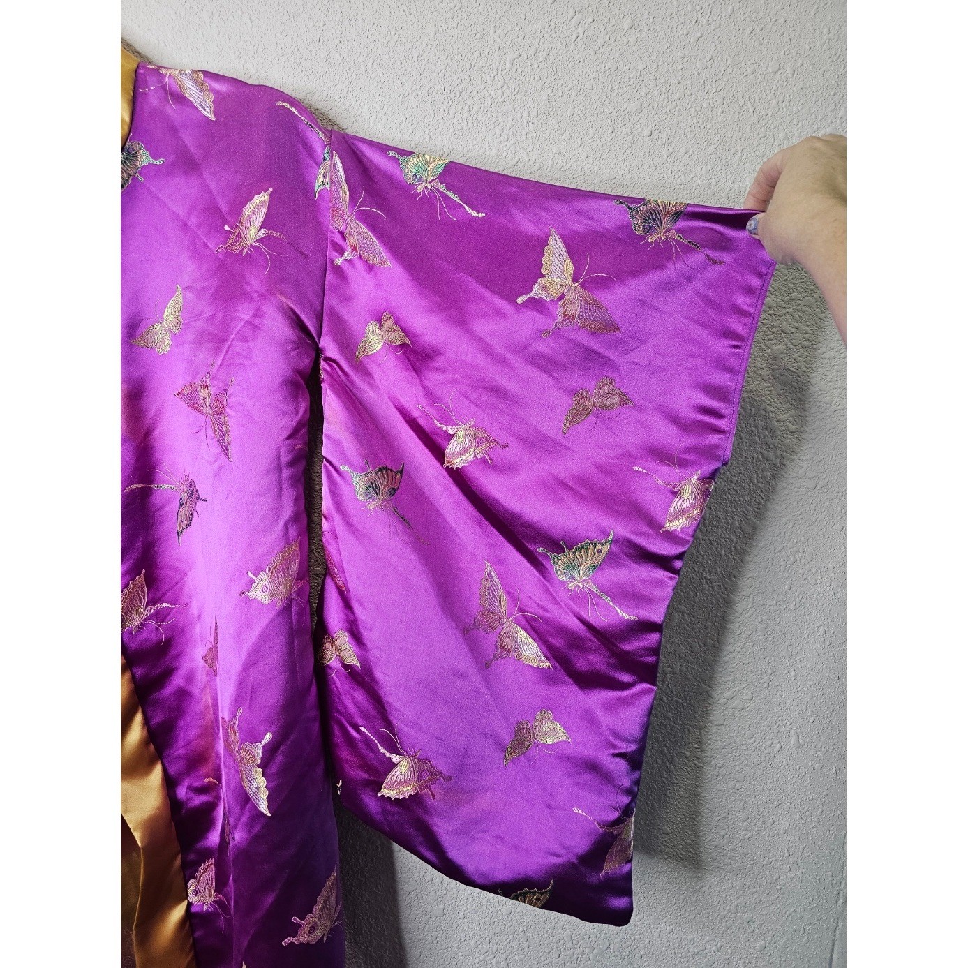 Purple Satin Butterfly Embroidered Kimono Sleeve Open Front Robe Costume