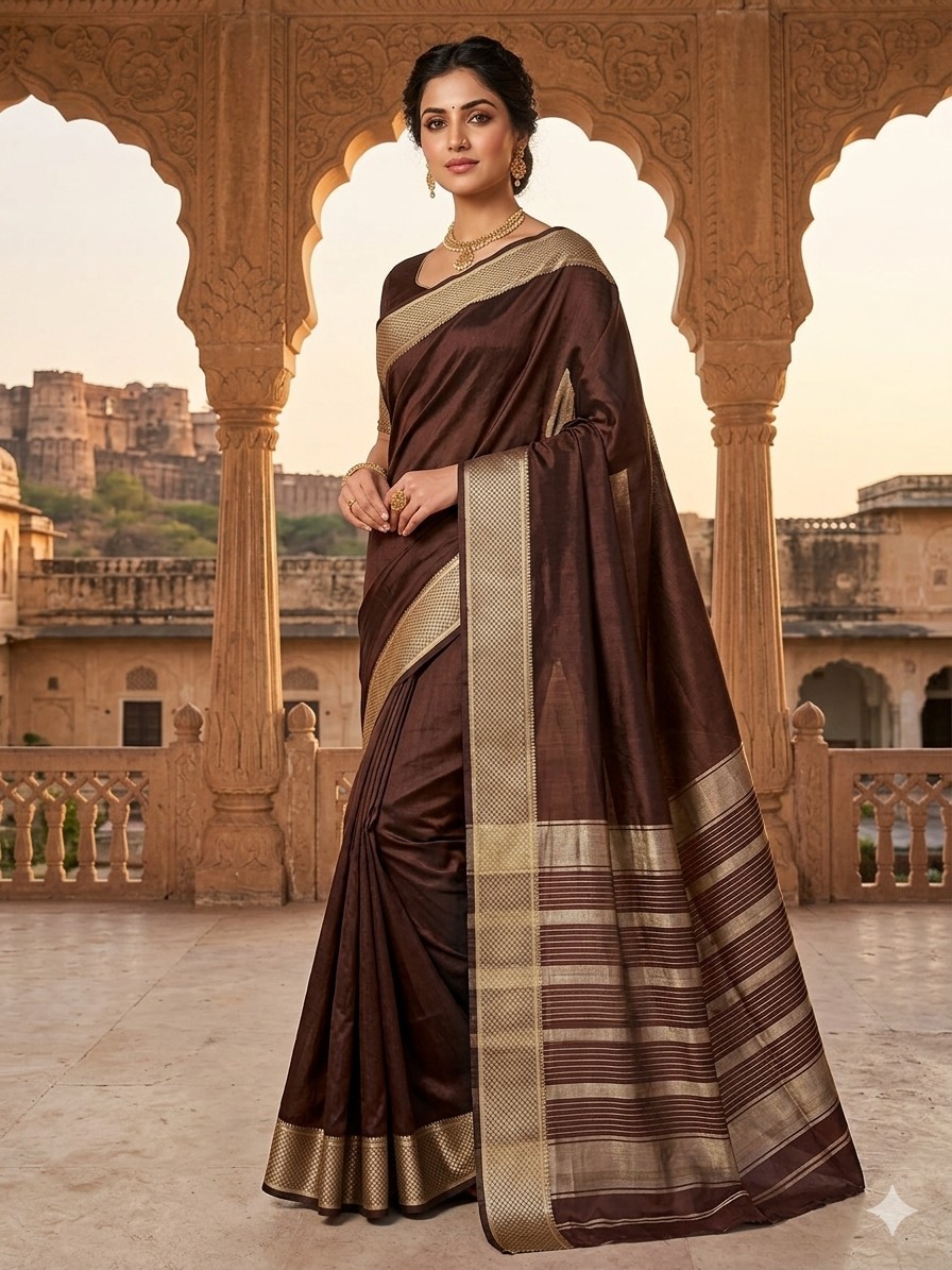 Authentic Handloom Silk Cotton Maheshwari Saree – Chocolate Brown & Silver Resha