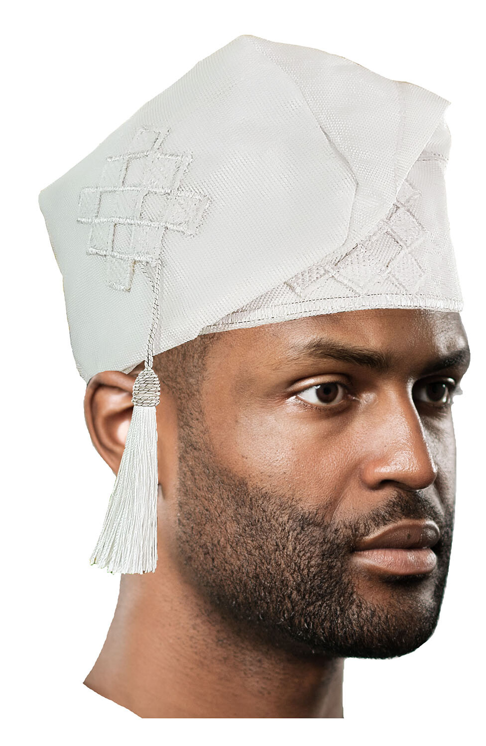 White Embroidered African Hand woven Aso Oke Hat with tassels