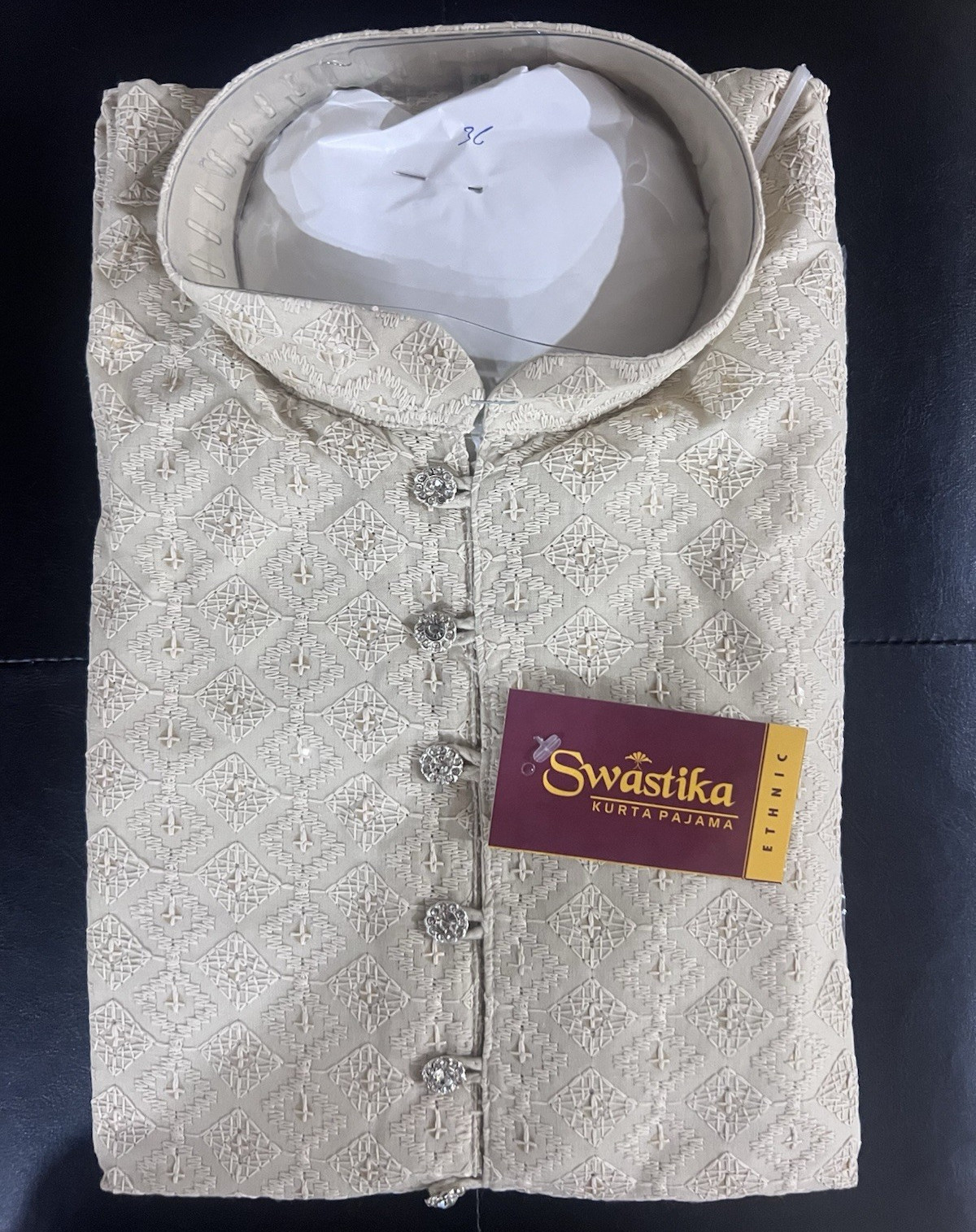 Swastika Men’s Beige Cotton Jacquard Kurta Pajama Set Size in 36,38,40,42,44.