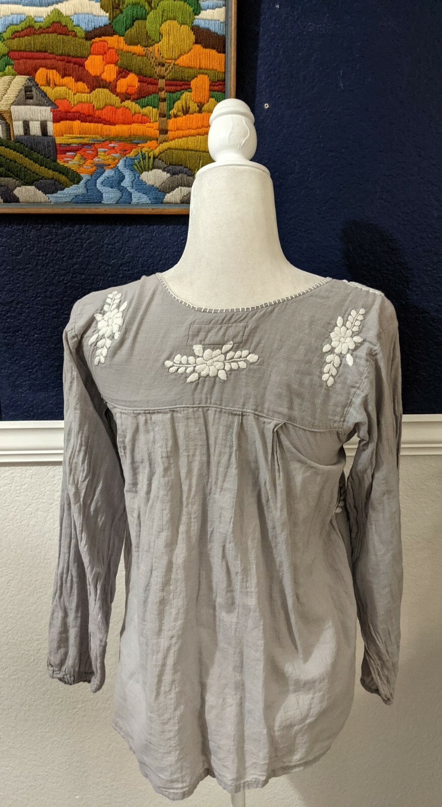 Siren Mexican Embroidered Boho Gray Shirt Blouse Festival Sz XS Extra Small
