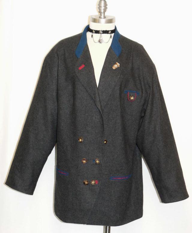 ALPHORN BLACK WOOL Women GERMAN Hunting Dress Suit JACKET Over Coat Eu 44/16 L