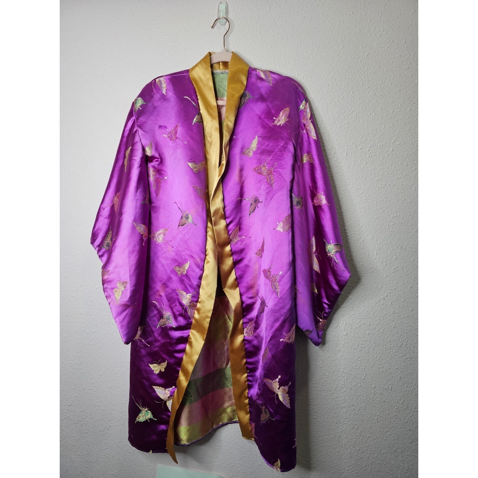 Purple Satin Butterfly Embroidered Kimono Sleeve Open Front Robe Costume
