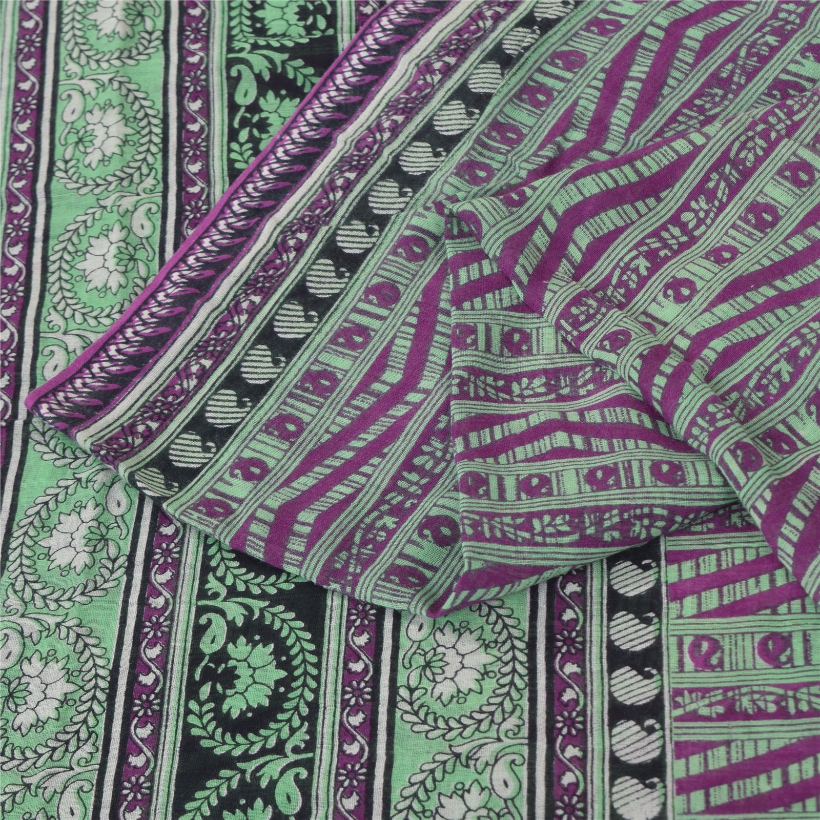 Sanskriti Vintage Sarees Purple & Green Pure Cotton Printed Sari Craft Fabric